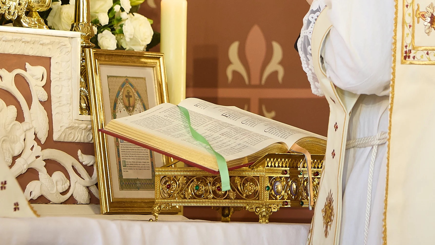 Open Roman Missal on altar during Traditional Latin Mass (1962 Missal)