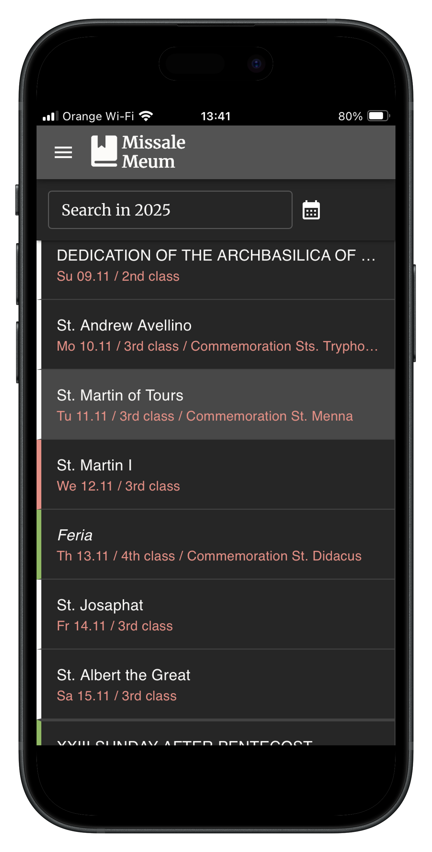 Liturgical calendar view in Missale Meum app