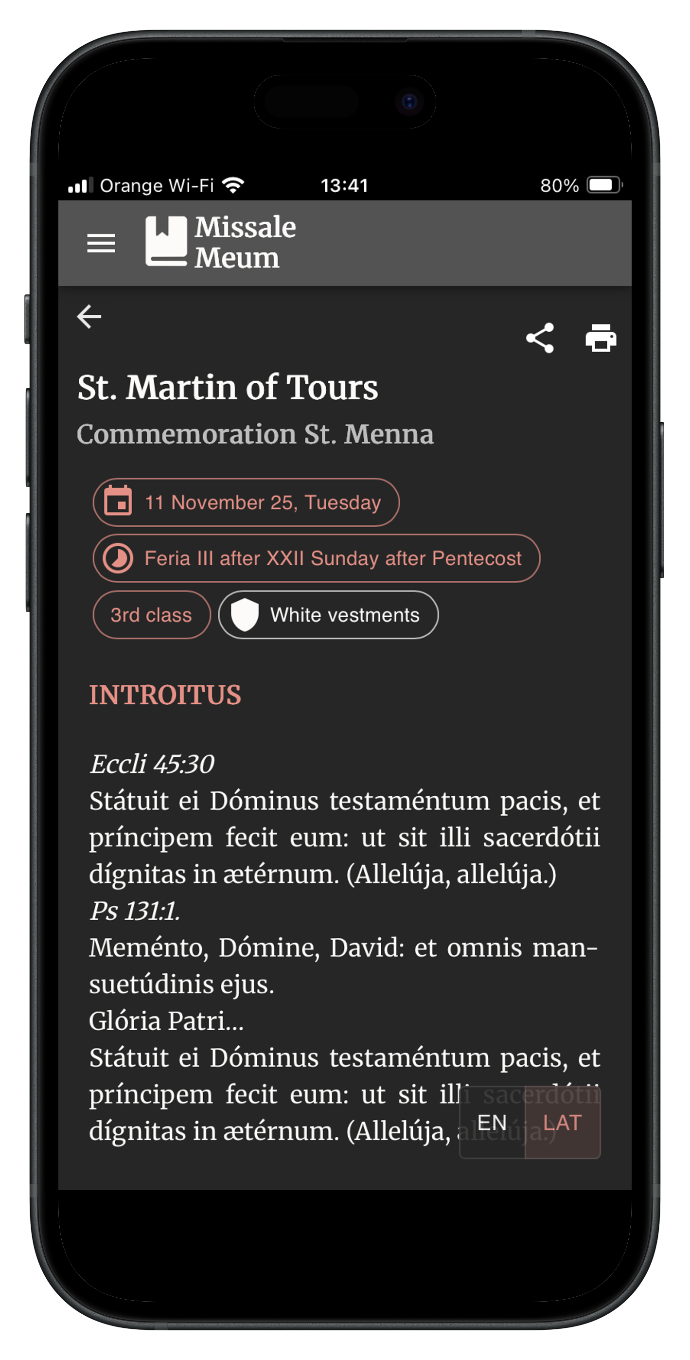 Daily Mass proper text view in Missale Meum app
